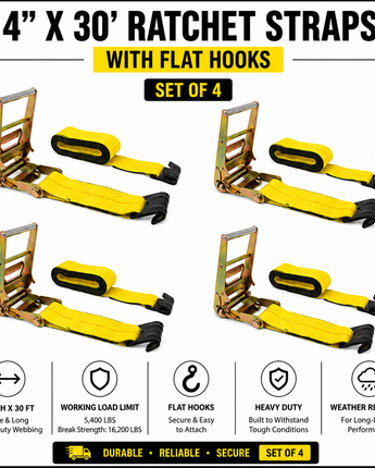 4″ × 30′ Ratchet Straps with Flat Hooks – Set of 4