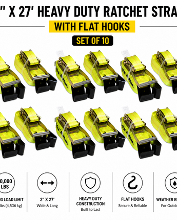 2″ x 27′ Heavy Duty Ratchet Straps with Flat Hooks (Set of 10)