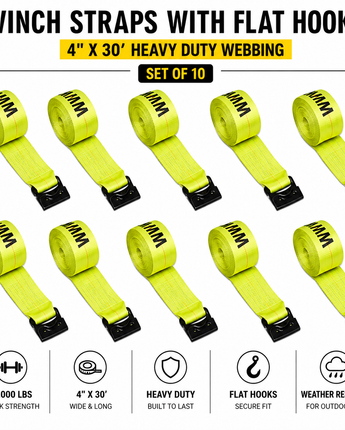 Winch Straps with Flat Hooks – 4" × 30' Heavy Duty Webbing (Set of 10)
