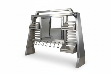 aluminum cab rack with Mini Vault storage, mirror finish door, chain hangers, trays, and driver-side dunnage rack