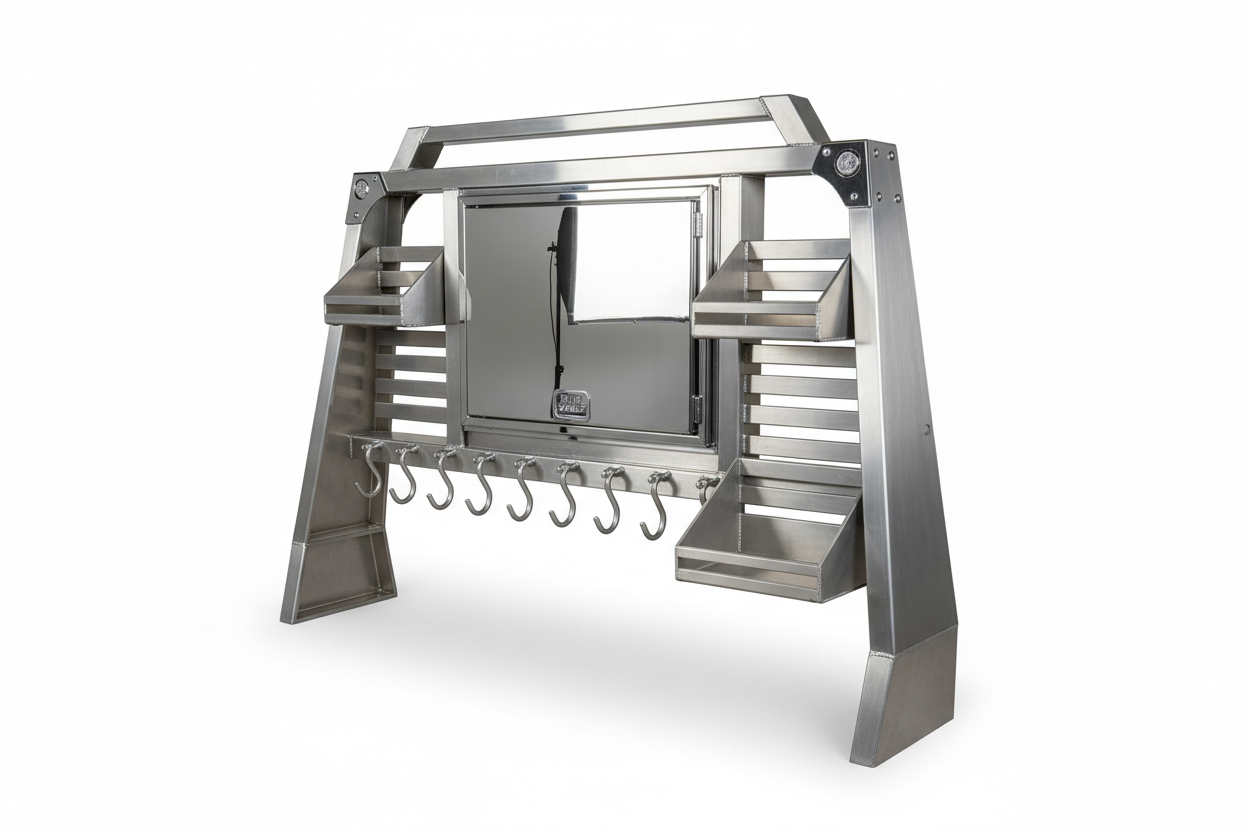 aluminum cab rack with Mini Vault storage, mirror finish door, chain hangers, trays, and driver-side dunnage rack