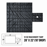 12 Oz Machinery Tarp - 28'x22' (10' Drop) — single tarp with 8-foot-wide flap and 10-foot extension diagram.