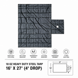 18oz Heavy Duty Steel Tarp 16' x 27' (4' Drop) — single tarp with one 8-foot-wide flap and labeled drop dimensions.